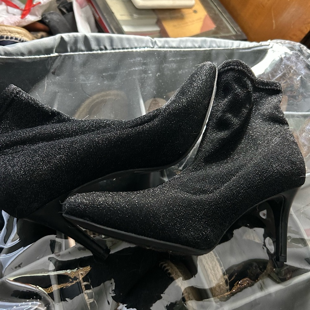 Women's Black Sparkle Pointed-Toe Sock Booties